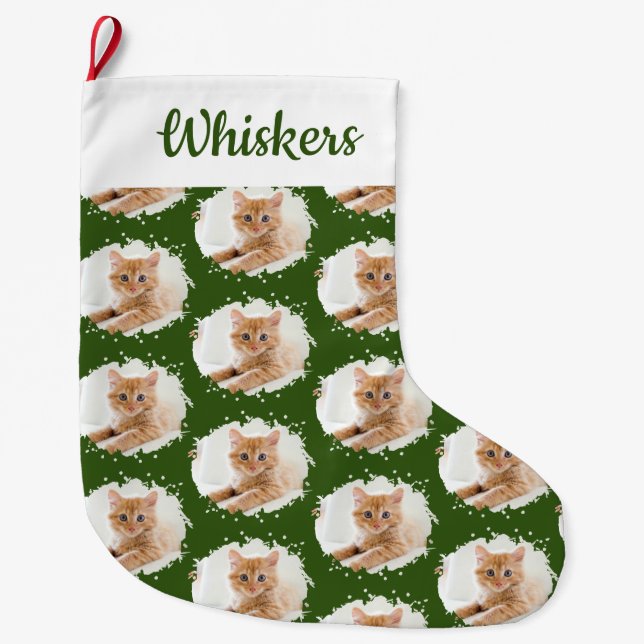 Cute Cat Lovers Personalized Name Photo Large Christmas Stocking (Front)