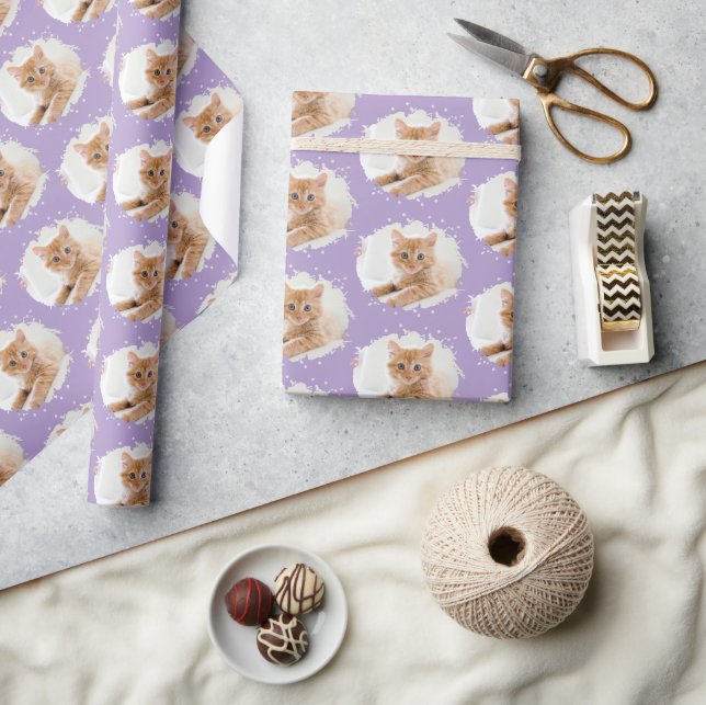 Cute Cat Lovers Personalized Photo Pattern Purple Wrapping Paper (Crafts)