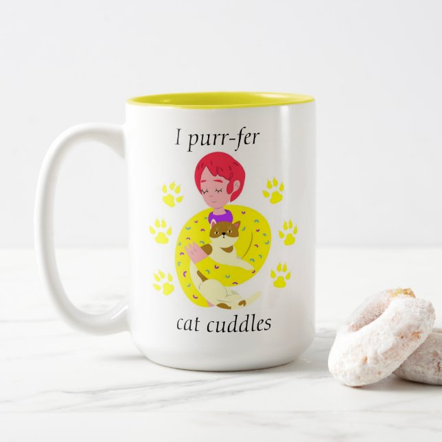 Cute Cat Lovers Purr-fer Cat Cuddles Two-Tone Coffee Mug (With Donut)