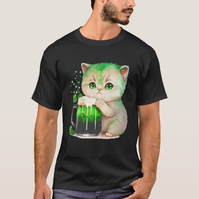 Cute Cat Loves Beer St Patrick s Day Cat T-Shirt (Front)