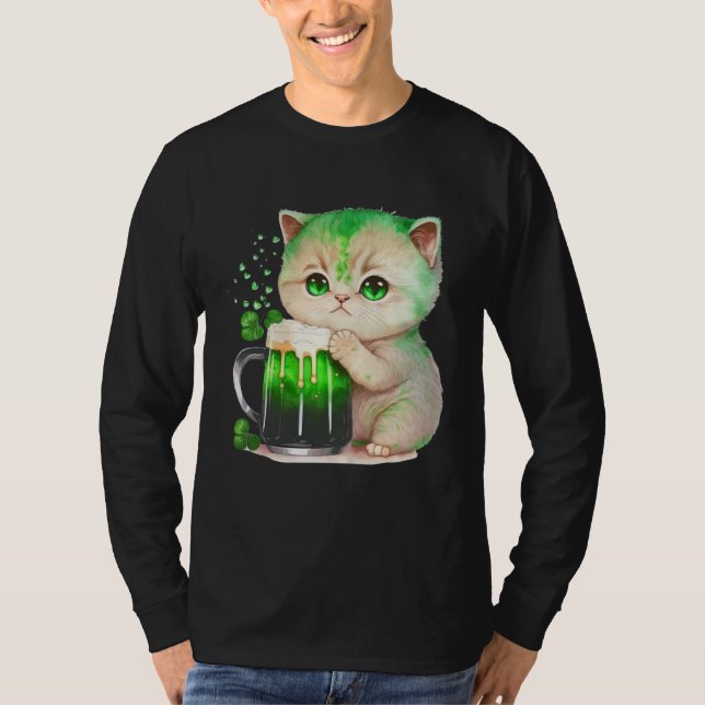 Cute Cat Loves Beer St Patrick s Day Cat T-Shirt (Front)