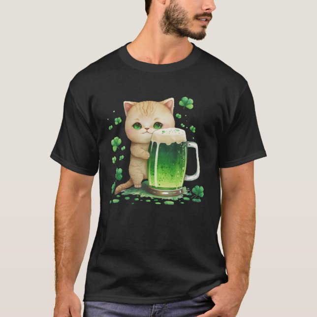 Cute Cat Loves Beer St Patrick s Day T-Shirt (Front)