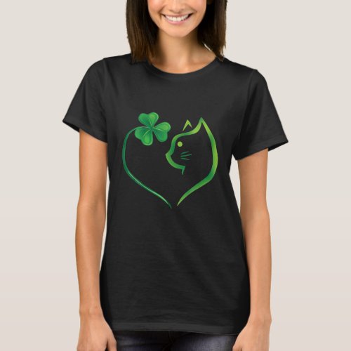 Cute Cat Lucky Shamrock Heart St Patricks Day T_Shirt