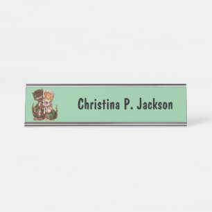 Cute Cat Male and Female sharing Rats Mint Green Desk Name Plate