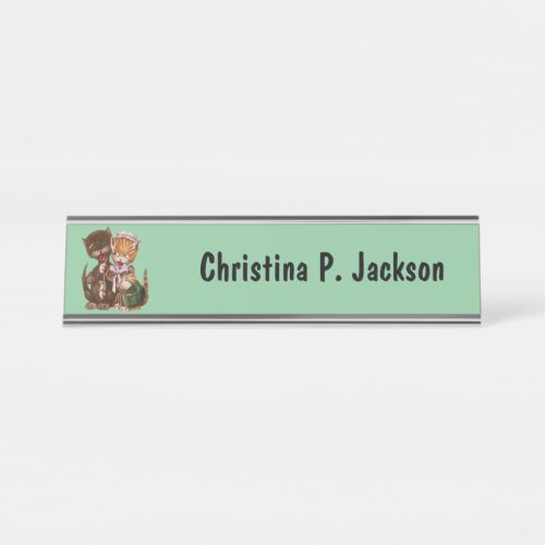 Cute Cat Male and Female sharing Rats Mint Green Desk Name Plate