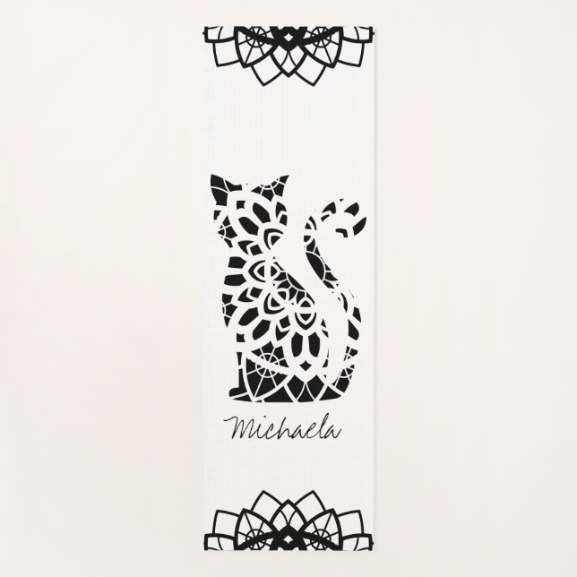 Cute Cat Mandala Name Girly Black Customizable Yoga Mat (Front)
