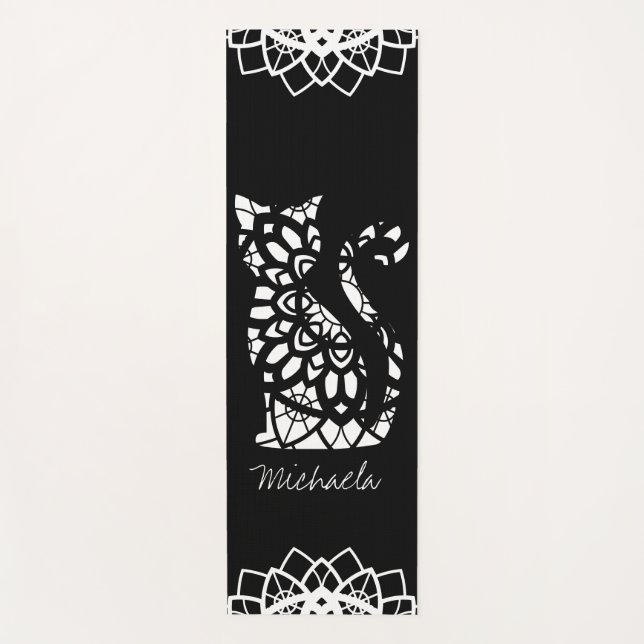 Cute Cat Mandala Name Girly Black Customizable Yoga Mat (Front)