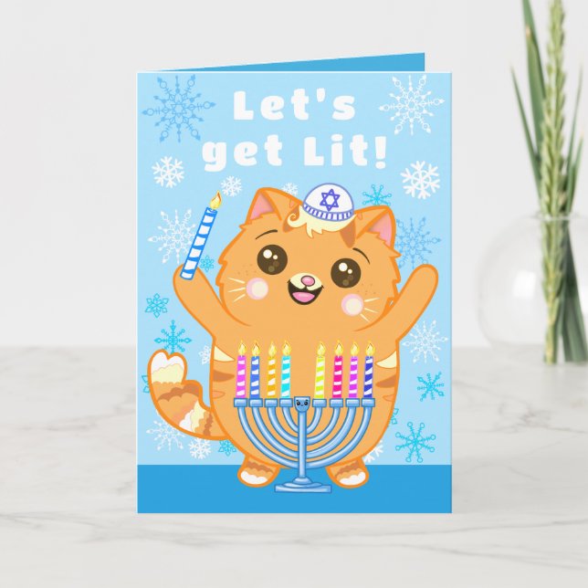 Cute Cat Menorah “Let’s Get Lit” Hanukkah Card (Front)