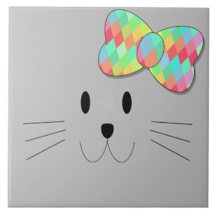 Cute Cat Meow Rainbow Bow Gray Glitter Kitty Kids Ceramic Tile