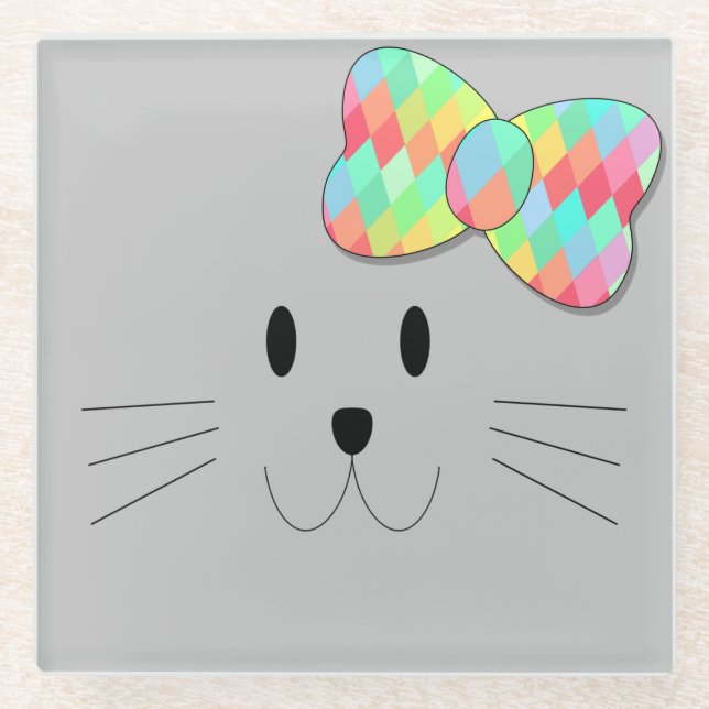 Cute Cat Meow Rainbow Bow Gray Glitter Kitty Kids  Glass Coaster (Front)