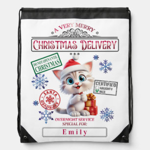 Cute cat meow Special Delivery Xmas Personalized Drawstring Bag