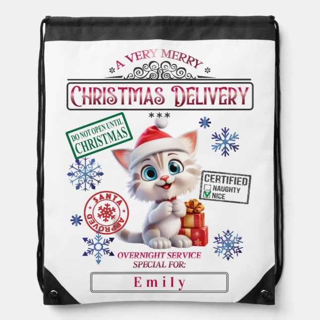Cute cat meow Special Delivery Xmas Personalized Drawstring Bag (Front)