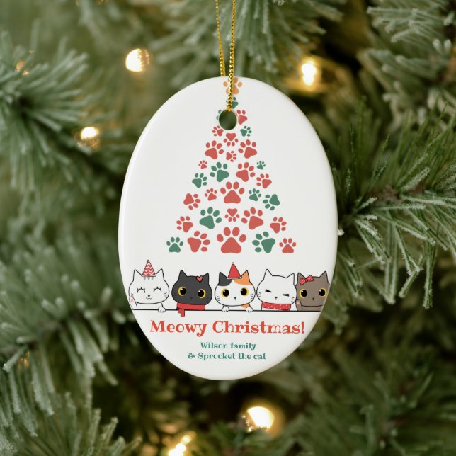 Cute Cat Meowy Christmas Ceramic Ornament (Tree)