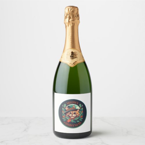 Cute cat Meowy Christmas   Sparkling Wine Label
