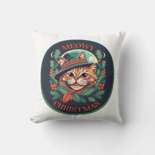 Cute cat Meowy Christmas   Throw Pillow