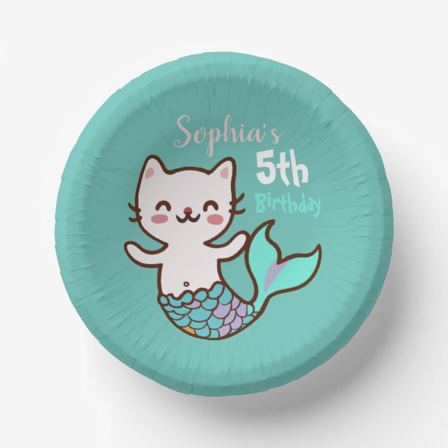 Cute Cat Mermaid Girl Birthday Meowmaid Purrmaid  Paper Bowls (Front)