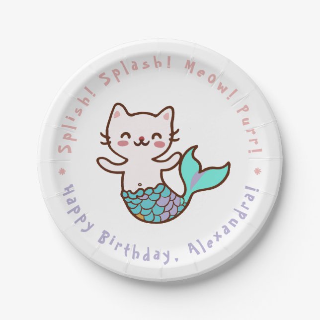 Cute Cat Mermaid Girl Birthday Meowmaid Purrmaid  Paper Plates (Front)