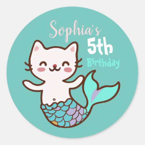 Cute Cat Mermaid Meowmaid Purrmaid  Girl Birthday Classic Round Sticker