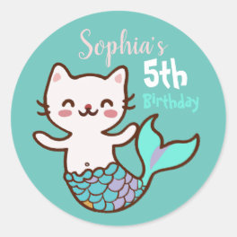 Cute Cat Mermaid Meowmaid Purrmaid Girl Birthday Classic Round Sticker