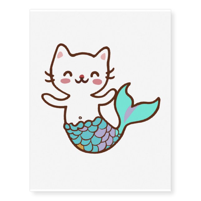 Cute Cat Mermaid Meowmaid Purrmaid Girl  Temporary Tattoos (Front)