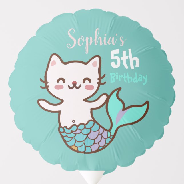 Cute Cat Mermaid Meowmaid Under Sea Girl Birthday Balloon (Front)
