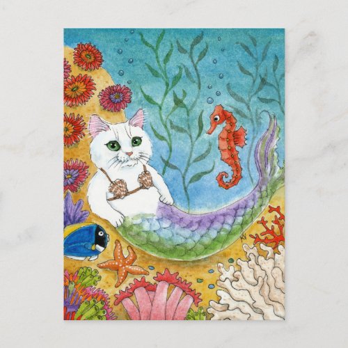 Cute Cat Mermaid Seahorse Sea Glass Beach postcard