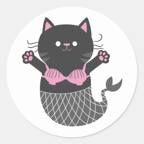 Cute cat mermaid silhouette _ Choose back color Classic Round Sticker