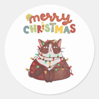 cute cat Merry Christmas Classic Round Stickers