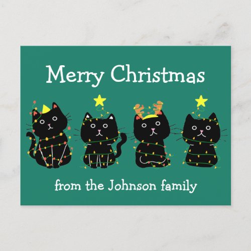 Cute Cat Merry Christmas Lights Custom Green Postcard