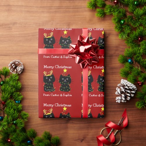 Cute Cat Merry Christmas Lights Personalized Red Wrapping Paper