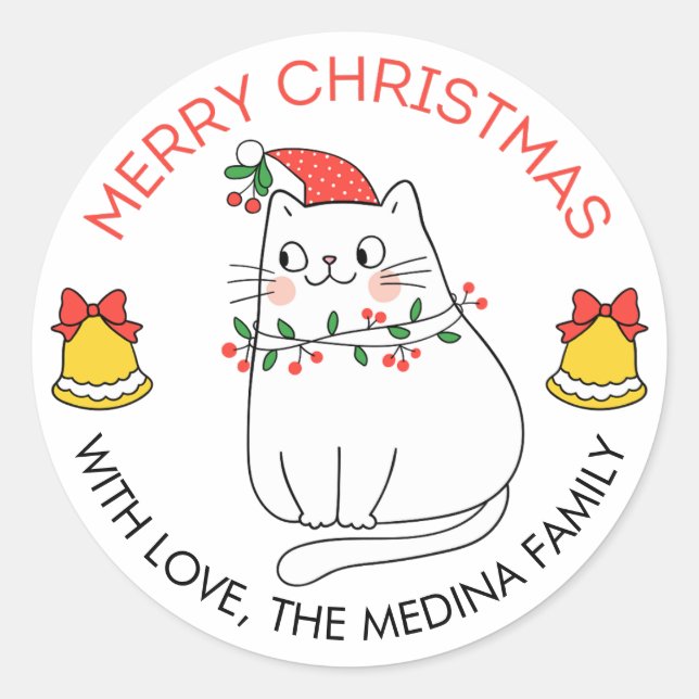 Cute Cat Merry Christmas Stickers Cat and Lights (Front)