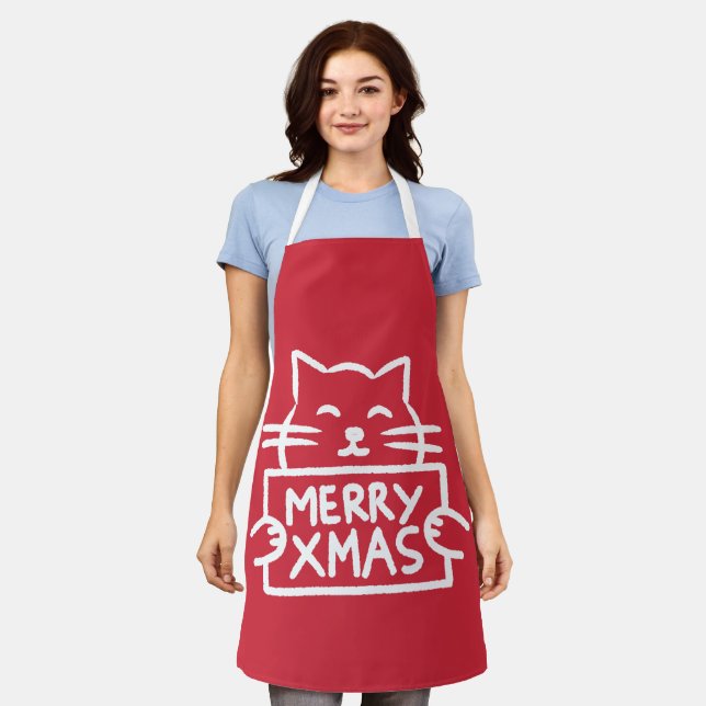 Cute Cat Merry Xmas Apron (Worn)