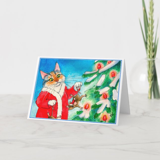 Cute cat, mice, Christmas tree greeting card (Front)