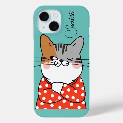 Cute Cat  Modern Name Mint iPhone 15 Case