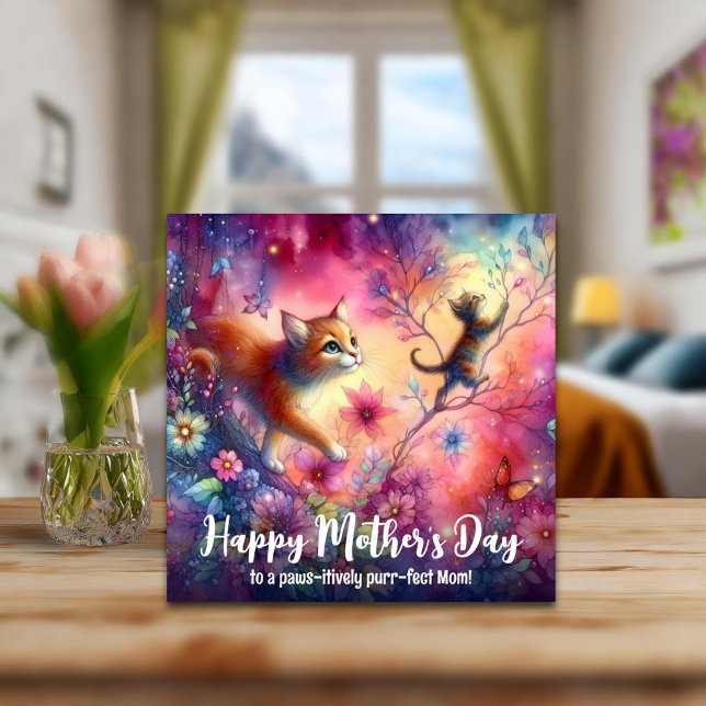 Cute Cat Mom Colorful Watercolor Mother's Day Card (Creator Uploaded)
