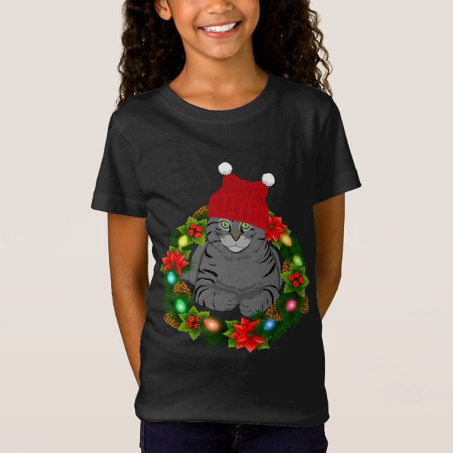 Cute Cat Mom Dad Holiday Wreath with Lights Funny  T-Shirt (Front)