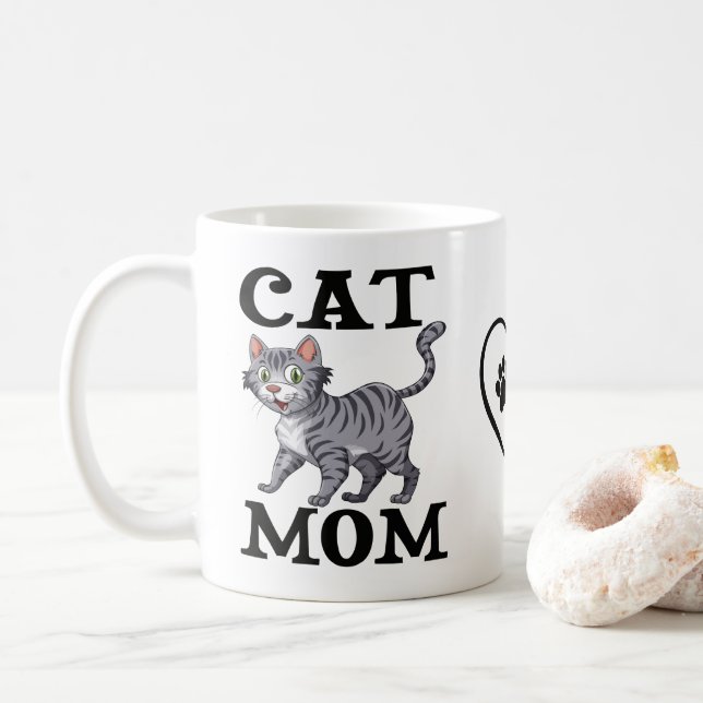 Cute Cat Mom Gift Gray Tabby Tiger Kitty Coffee Mug (With Donut)