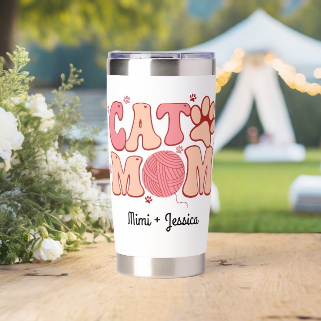 Cute Cat Mom Personalized Names Thermal Tumbler (Wedding (Rotated))