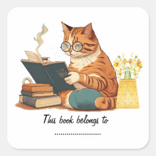 cute cat mom reading a book and drinking coffee square sticker