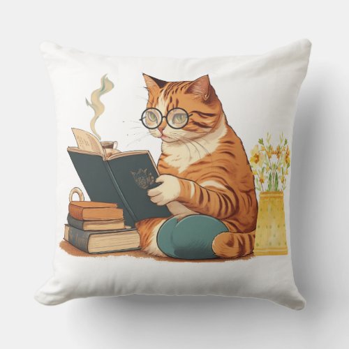 cute cat mom reading a book and drinking coffee throw pillow