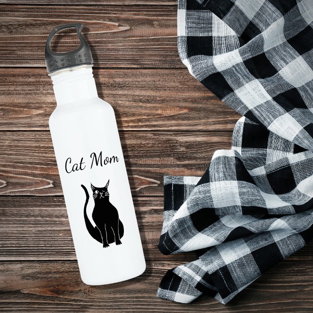 Cute Cat Mom Winking Black Kitty Cartoon   Stainless Steel Water Bottle (Creator Uploaded)