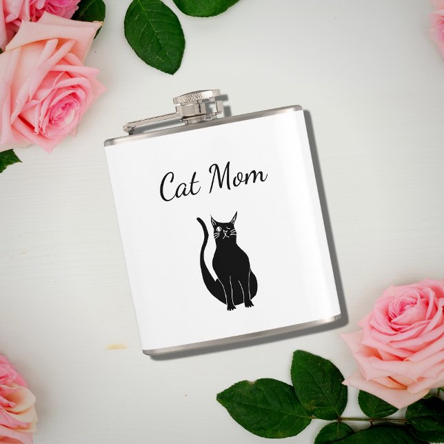 Cute Cat Mom Winking Black White Kitty Cartoon   Flask (Creator Uploaded)