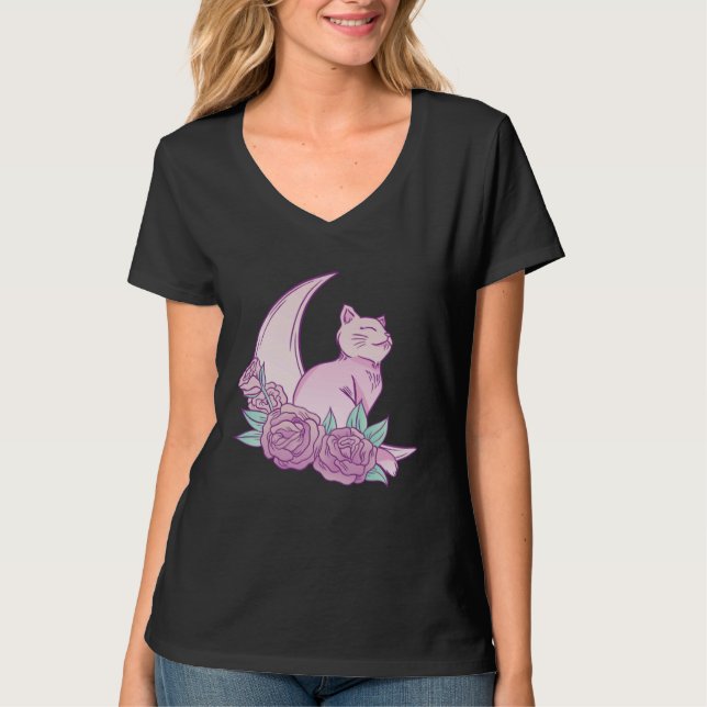 Cute Cat Moon Roses Pink Animal Fur Cool Purr Bree T-Shirt (Front)