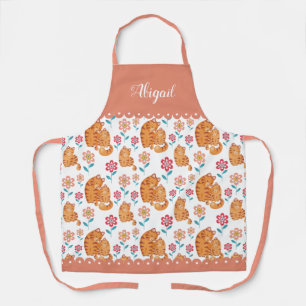Cute cat mother with baby, flowers pattern border apron