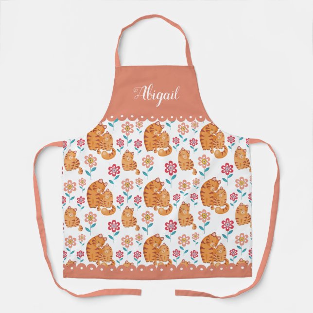 Cute cat mother with baby, flowers pattern border apron (Front)