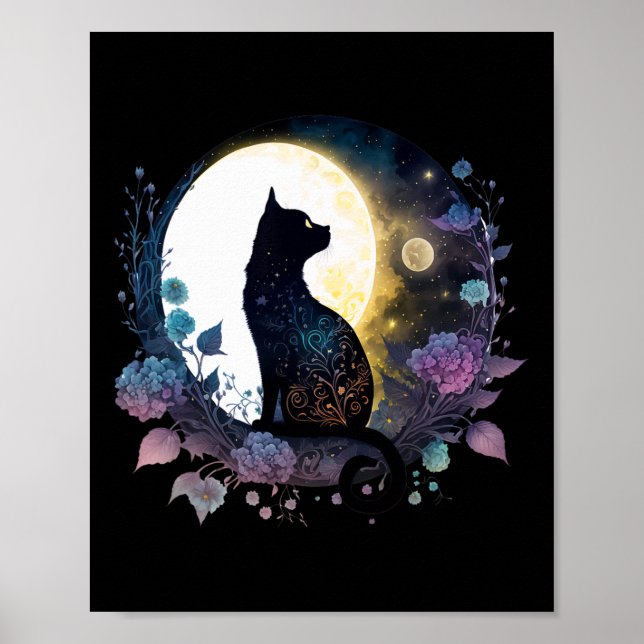 Cute Cat Motif Cat In Moonlight Cat  Poster (Front)