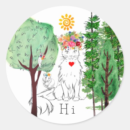 Cute Cat Mouse and Birdie in the Forest Sticker