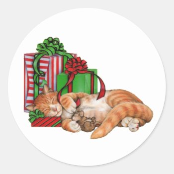 Cute Cat  Mouse And Christmas Presents Classic Round Sticker by santasgrotto at Zazzle