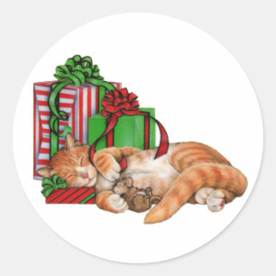Cute Cat, Mouse and Christmas Presents Classic Round Sticker
