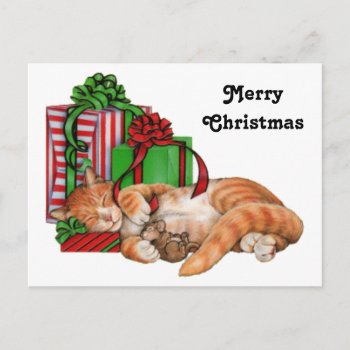 Cute Cat  Mouse And Christmas Presents Holiday Postcard by santasgrotto at Zazzle